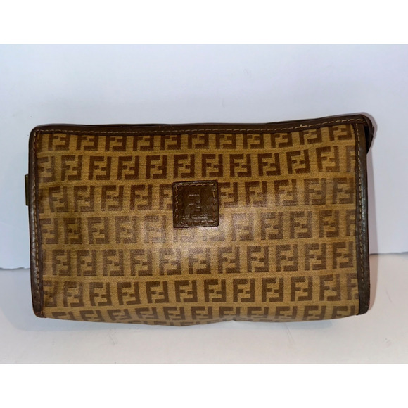 FENDI Zucca Clutch Bag Zucchino Purse pouch PVC FF Vintage Brown Authentic - Picture 1 of 16